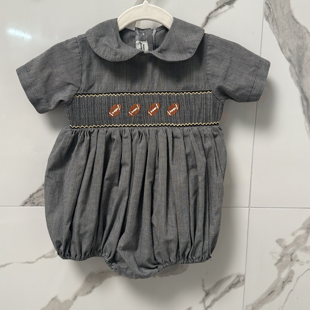 Amanda Remembered Baby Romper Football Embroidery, Black and White Checkered